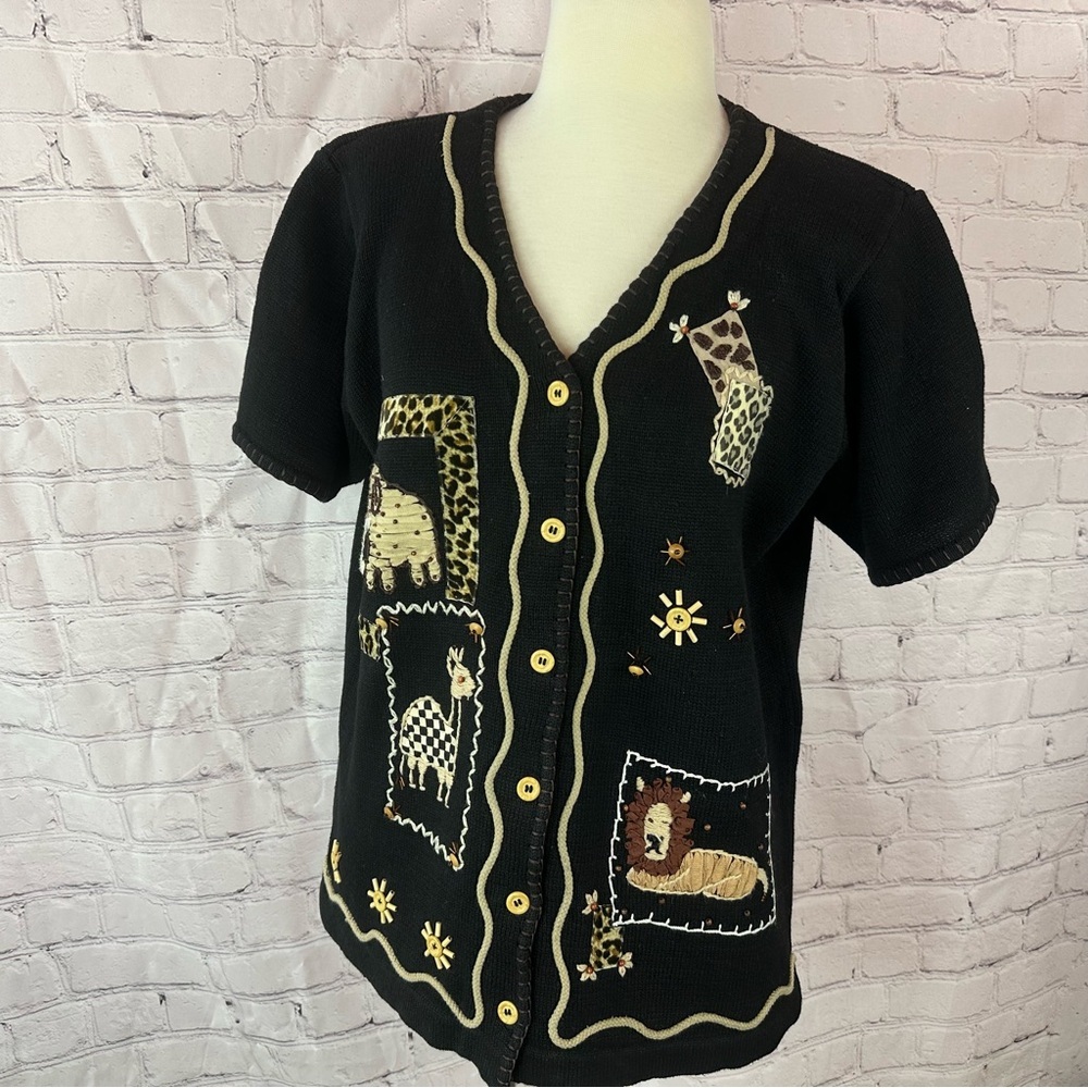 vtg arriviste safari animal print embroidered Cardigan sweater Patchwork women L